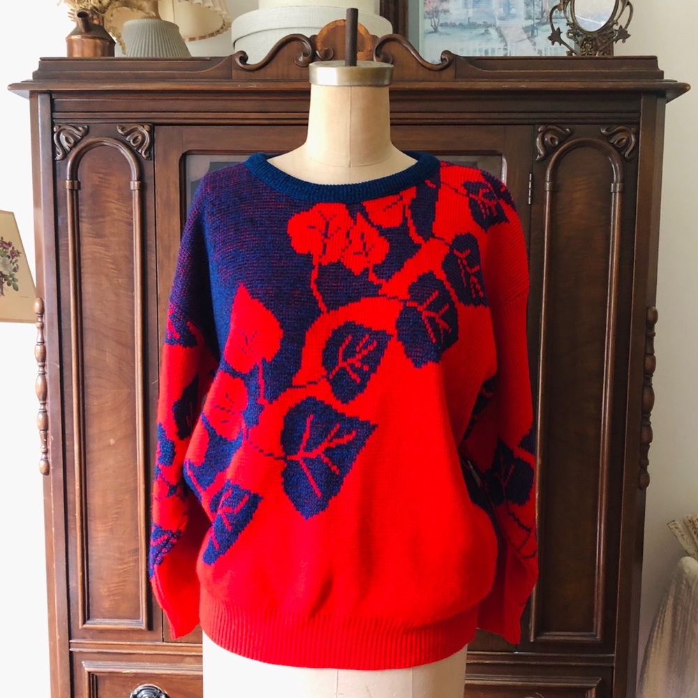 VINTAGE 80s Blue Red Leaves Knit Sweater